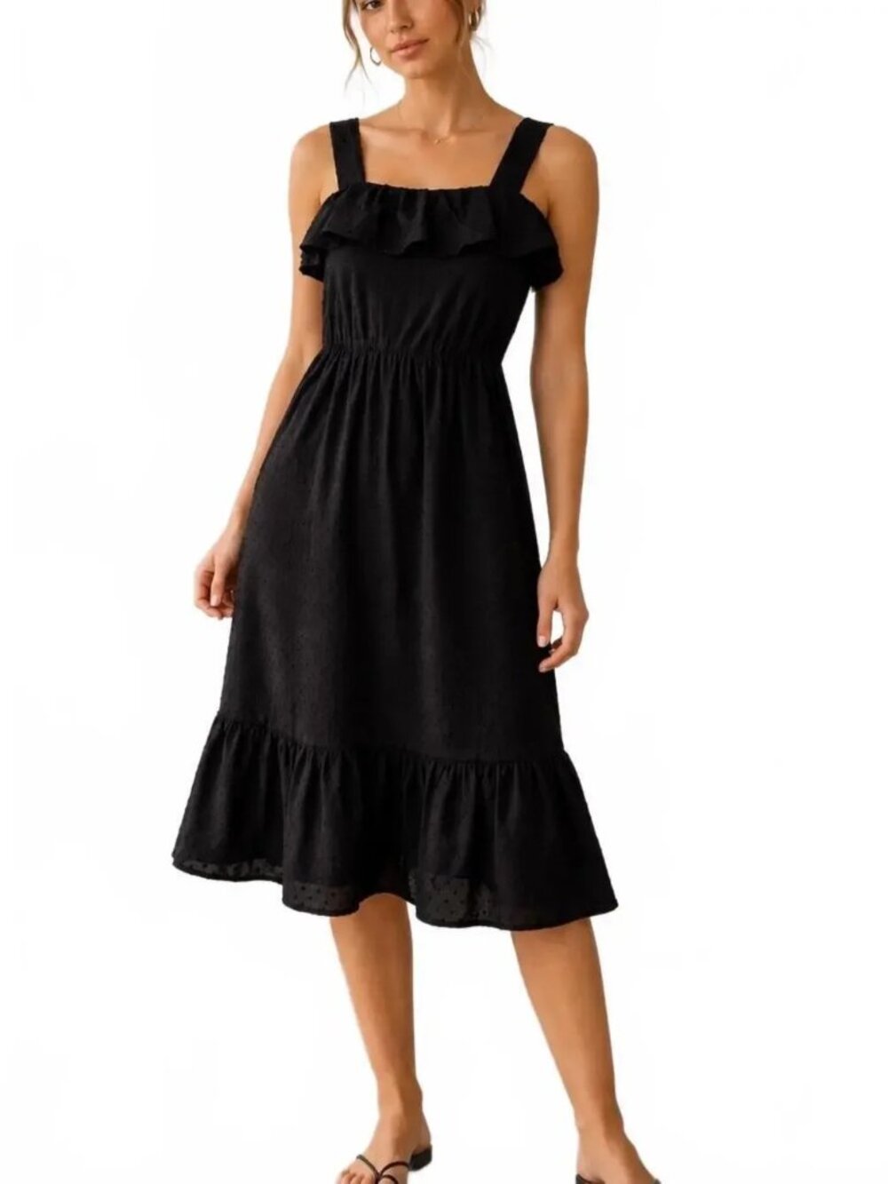 J Crew Black Ruffled sleeveless Swiss Dot Midi Cottagecore Dress, sz 10